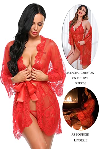 Avidlove Lace Kimono Robe Babydoll Nightgown Red