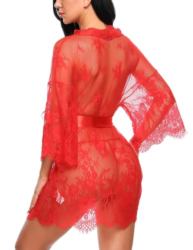 Avidlove Lace Kimono Robe Babydoll Nightgown Red