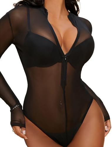Black Mesh Long Sleeve Sexy Bodysuit Lingerie