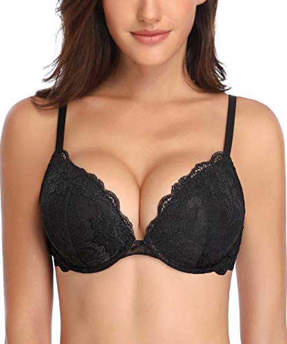 Deyllo Women’s Push Up Lace Bra Comfort Padded Underwire Bra Lift Up Add One Cup(Black,38C)