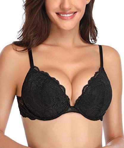Deyllo Women’s Push Up Lace Bra Comfort Padded Underwire Bra Lift Up Add One Cup(Black,38C)