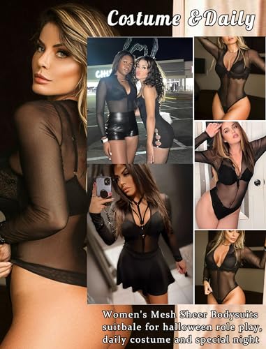 Black Mesh Long Sleeve Sexy Bodysuit Lingerie