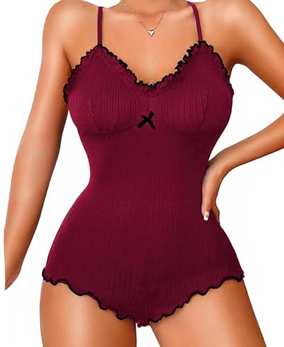 RSLOVE Women Romper Bodycon Jumpsuits Sexy Bodysuit Lingerie with Snap Crotch One Piece Teddy Racerback Playsuit Pajamas Wine Red M