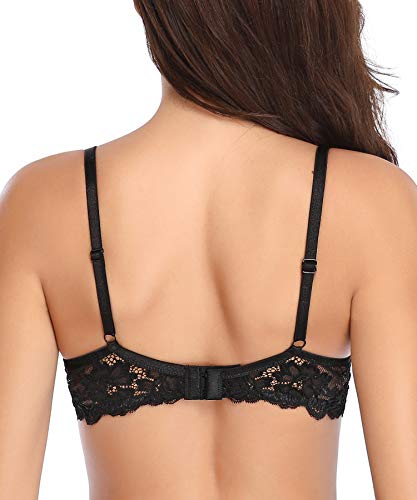 Deyllo Women’s Push Up Lace Bra Comfort Padded Underwire Bra Lift Up Add One Cup(Black,38C)