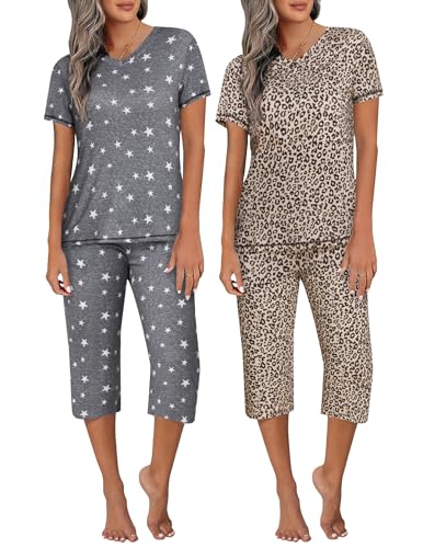 Ekouaer 2 Pack Women's Sleepwear Capri Pajama Sets Short Sleeve Two-Piece Pjs V Neck Tops & Capri Pants with Pockets S-3XL