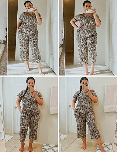 Ekouaer 2 Pack Women's Sleepwear Capri Pajama Sets Short Sleeve Two-Piece Pjs V Neck Tops & Capri Pants with Pockets S-3XL