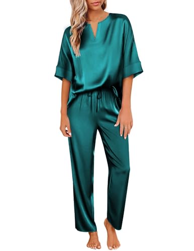 Ekouaer Satin Pajama Set Womens Silk Short Sleeve V Neck Shirt with Long Pant Soft Loungewear Pjs Set Green