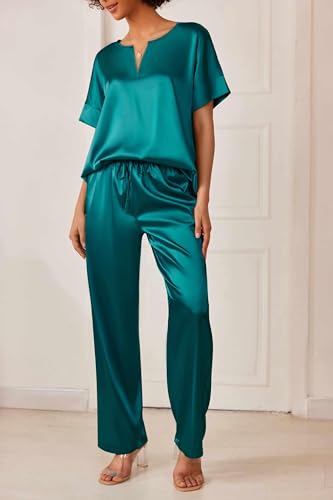 Ekouaer Satin Pajama Set Womens Silk Short Sleeve V Neck Shirt with Long Pant Soft Loungewear Pjs Set Green
