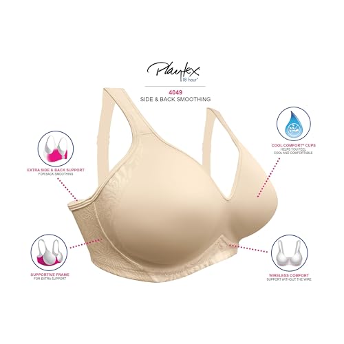 PLAYTEX Womens 18 Hour Side & Back Smoothing Wireless Bra, Cool Comfort Wire-free Single Or 2-pack Bras, Nude, 44C US
