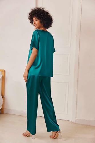 Ekouaer Satin Pajama Set Womens Silk Short Sleeve V Neck Shirt with Long Pant Soft Loungewear Pjs Set Green
