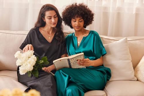 Ekouaer Satin Pajama Set Womens Silk Short Sleeve V Neck Shirt with Long Pant Soft Loungewear Pjs Set Green