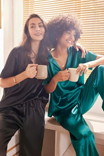 Ekouaer Satin Pajama Set Womens Silk Short Sleeve V Neck Shirt with Long Pant Soft Loungewear Pjs Set Green