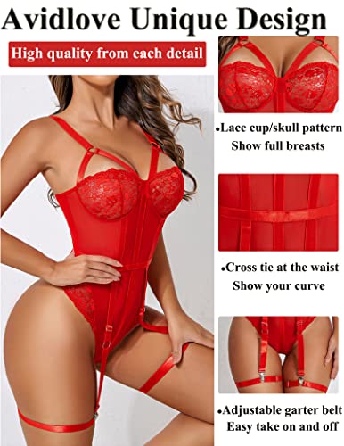 Avidlove Sexy Deep V Teddy Lingerie Set, Red