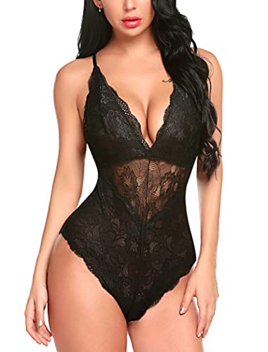 Black Lace Deep V Teddy Bodysuit Lingerie