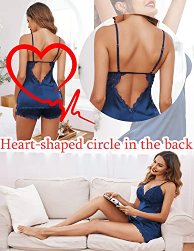 Avidlove Navy Blue Satin Lingerie Pajama Set