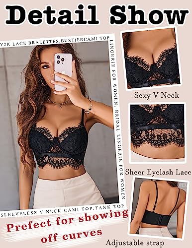Black Lace V-Neck Bralette Cami Top by Avidlove