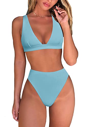 High Waisted Bikini Set Deep V Neck Light Blue