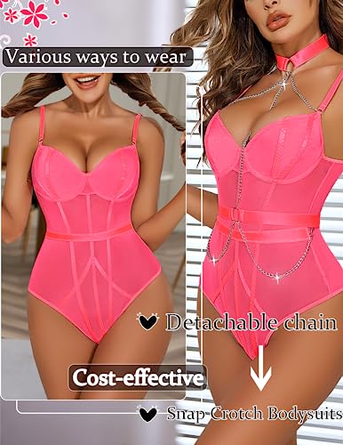 Avidlove Pink Snap Crotch Lingerie One Piece Underwire Bodysuit Teddy with Choker