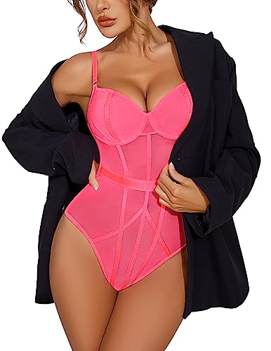 Avidlove Pink Snap Crotch Lingerie One Piece Underwire Bodysuit Teddy with Choker