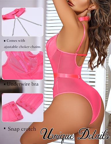 Avidlove Pink Snap Crotch Lingerie One Piece Underwire Bodysuit Teddy with Choker
