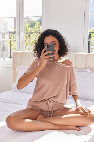 Ekouaer Lounge Sets Womens Pajamas Sets Short Sleeve Sleepwear Pjs Soft Matching Outfits