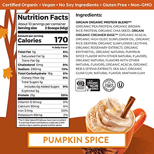 Orgain Organic Pumpkin Spice Vegan Protein Powder - 21g Plant Protein & Prebiotic Fiber