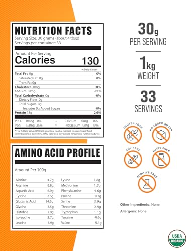 BulkSupplements.com Organic Rice Protein Powder - Plant-Based, 30g per Serving, 1kg Pack