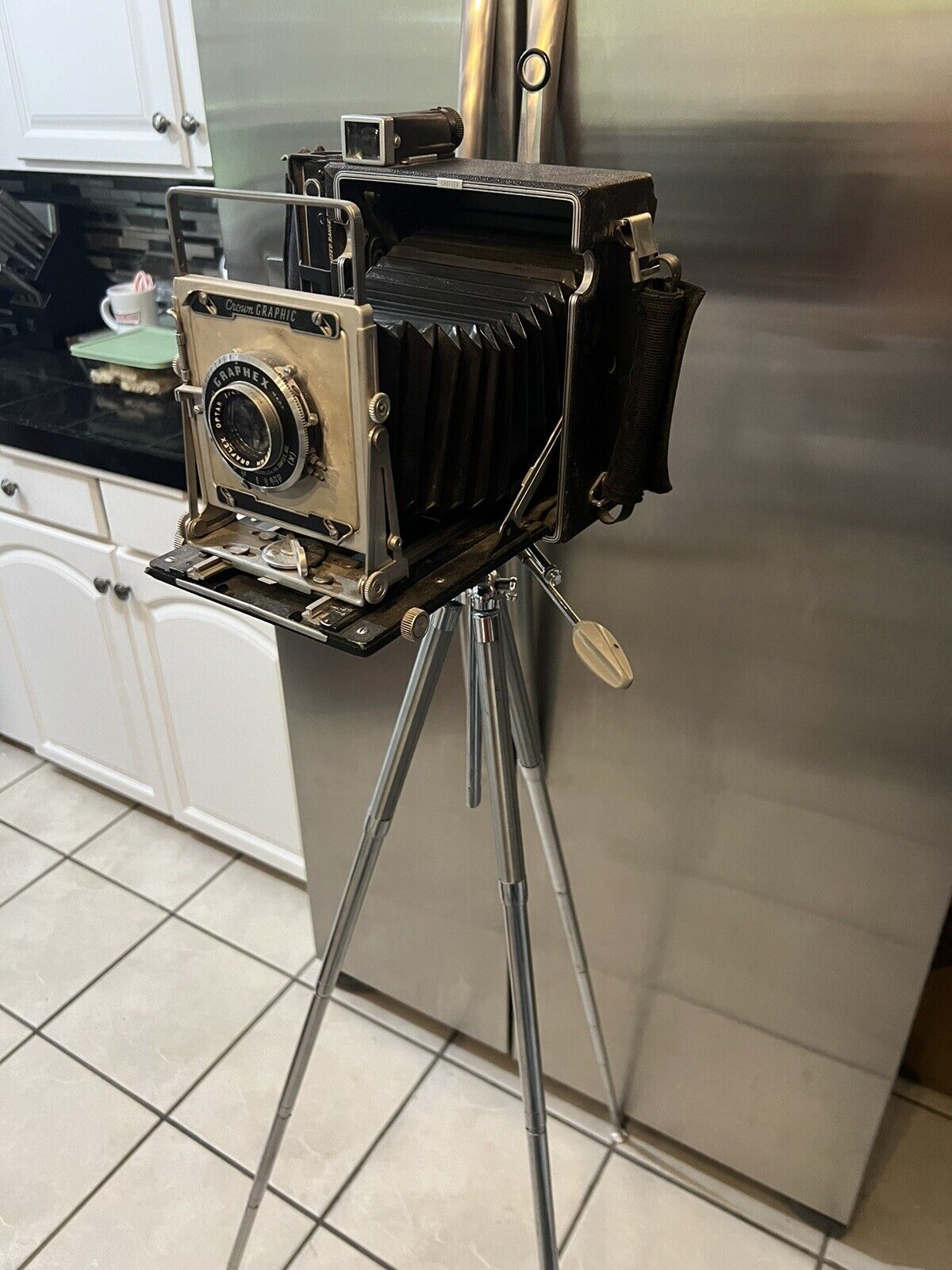 Graflex Press Large Format Camera with Chrome Tripod