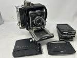 Busch Pressman 2 1/4” Camera w/Wollensak 101mm, Roll Back, GG Back, 4 Film Backs