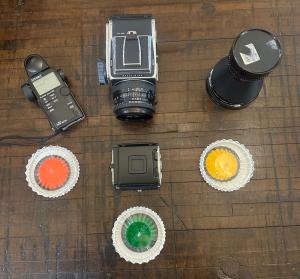 HASSELBLAD 501CM WITH 80MM AND 40MM LENS, TWO A12 FILM BACKS,AND SEKONIC L-508