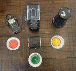 HASSELBLAD 501CM WITH 80MM AND 40MM LENS, TWO A12 FILM BACKS,AND SEKONIC L-508