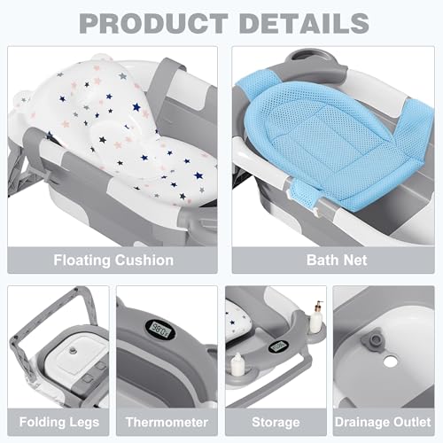 Collapsible Baby Bathtub with Thermometer & Cushion