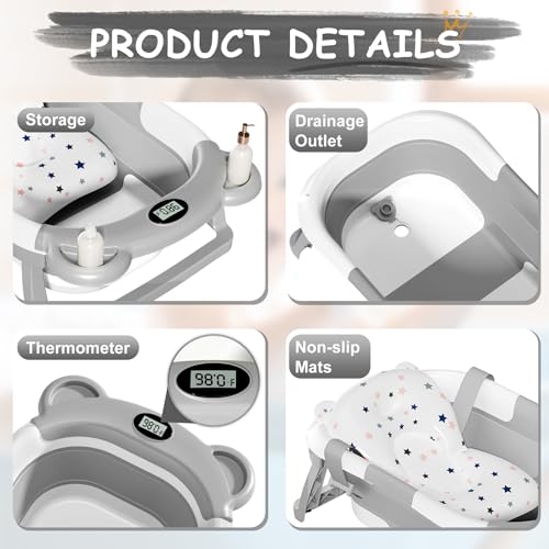 Collapsible Baby Bathtub with Temp Monitor & Cushion