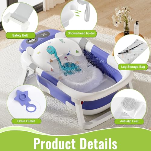Collapsible Baby Bathtub with Thermometer and Cushion