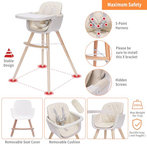 Beige 3-in-1 Convertible Wooden High Chair