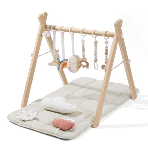 Natural Pine Wood Baby Play Gym with Sensory Toys