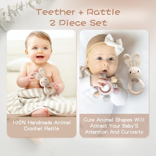 Handmade Wooden Bunny Rattle and Teether Set