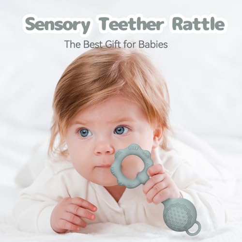 2-in-1 Rattle Teether Toy, Food Grade Silicone, Gray