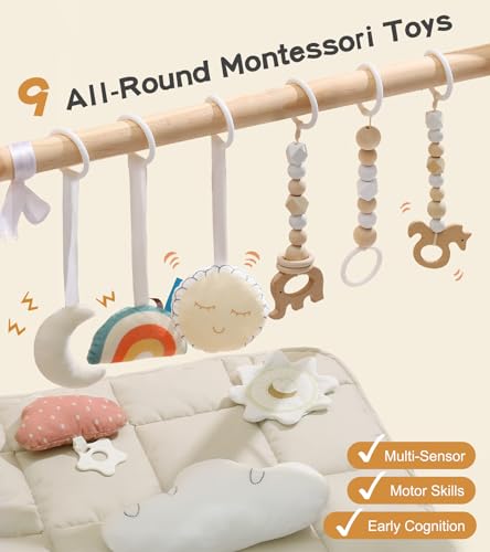 Natural Pine Wood Baby Play Gym with Sensory Toys