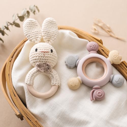 Handmade Wooden Bunny Rattle and Teether Set