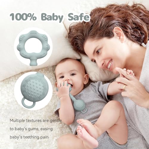 2-in-1 Rattle Teether Toy, Food Grade Silicone, Gray
