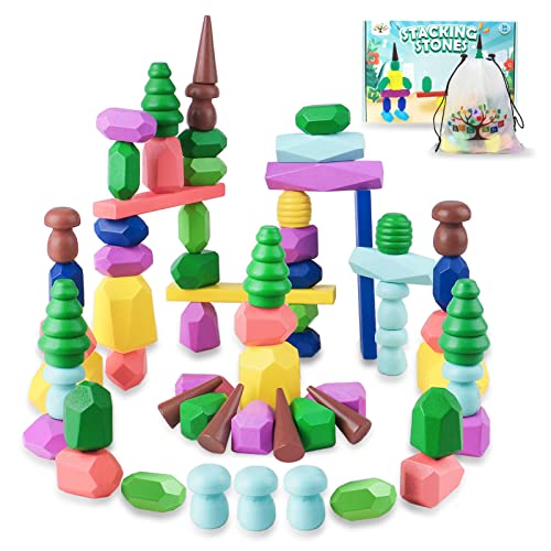 Colorful Wooden Stacking Rocks for Toddlers 3-4, Montessori Sensory Blocks for Kids