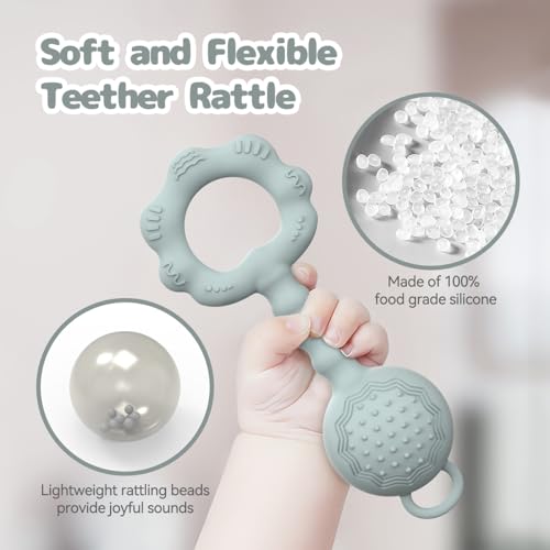 2-in-1 Rattle Teether Toy, Food Grade Silicone, Gray