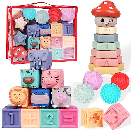 Montessori Silicone Baby Toy Blocks - Teething Stacking Learning