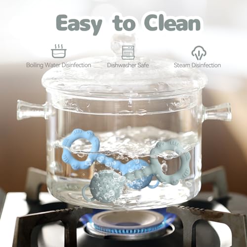 2-in-1 Rattle Teether Toy, Food Grade Silicone, Gray