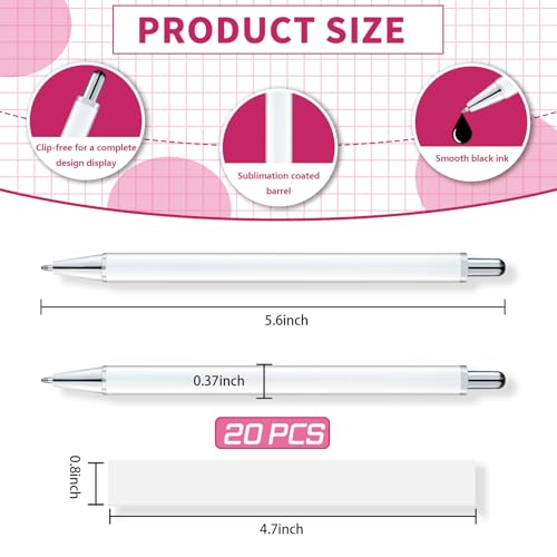 20 Pack Sublimation Ballpoint Pens, Clip-Free Design