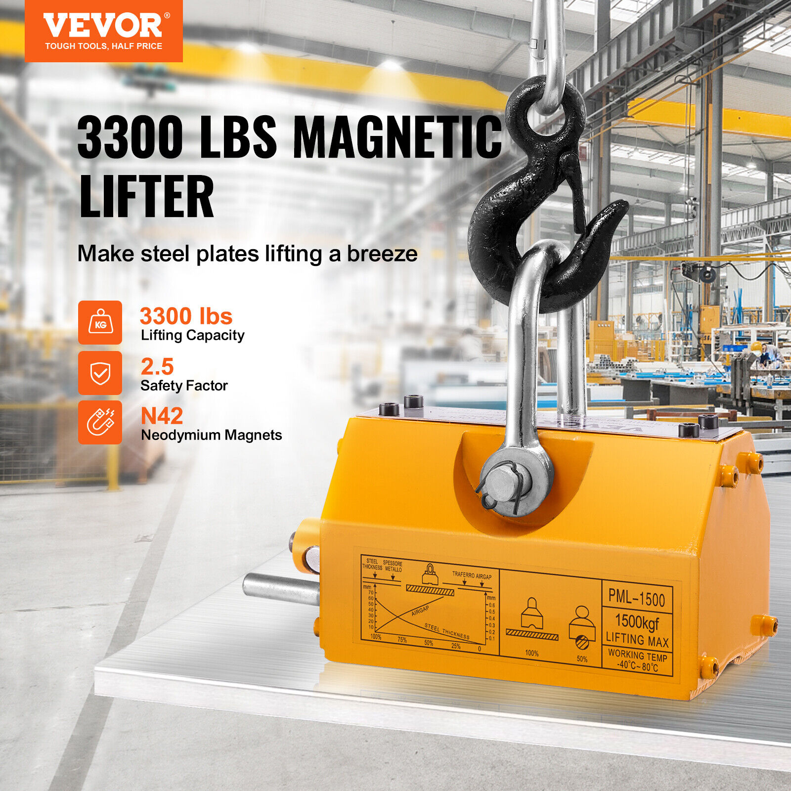 VEVOR 3300 lbs Neodymium Lifting Magnet Hoist