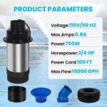 3/4 HP Pond Fountain Aerator with 100Ft Cord