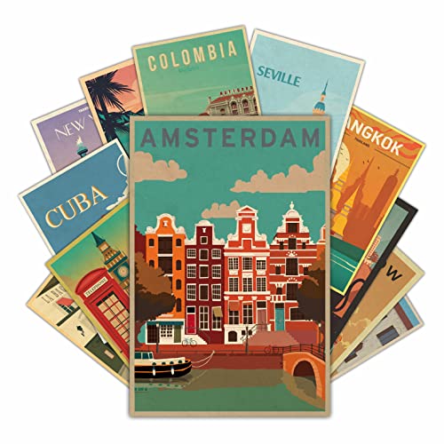 HK Studio Vintage Travel Posters Decal for Dorm, Teen Room Decor - City Wall Art for Aesthetic Room Decor, Downtown Girl Room Decor, Hippie Room Decor - Travel Decor - 8" x 12", Pack 12