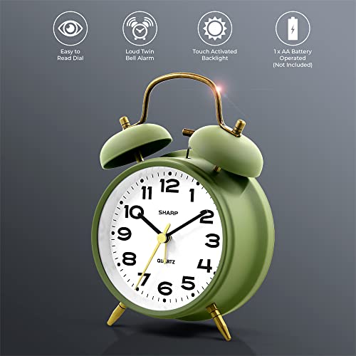 Matte Sage Twin Bell Alarm Clock - Rustic Bronze Accent